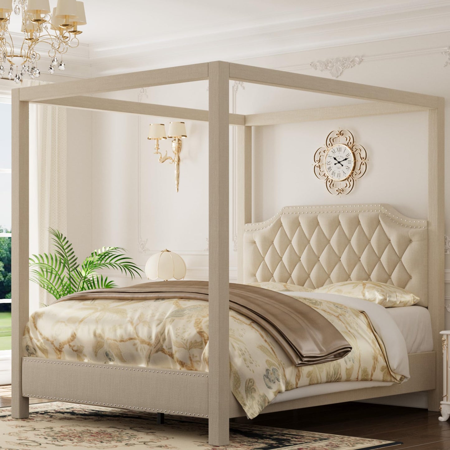 IDEALHOUSE Queen Size Canopy Bed Frame with Nailhead Decoration Headboard，Upholstered Bed Frame with Poles 4 Corner Bed Bracket,Solid Wood Slats Support,No Box Spring Needed,Noise Free,Beige