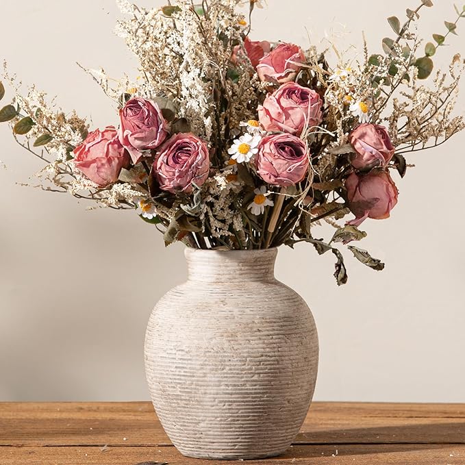 Vanselia Ceramic Flower Vase Home Decor - Small Farmhouse Table Vases Rustic Vintage Living Room Kitchen Bedroom Decorations for House Book Shelf Office Coffee Desk Dining Fireplace (6" Retro)