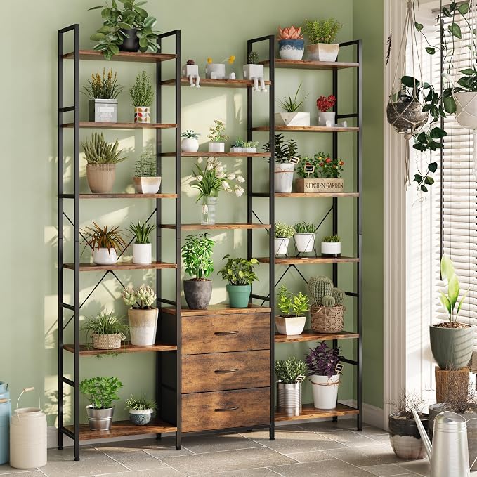 AFLUI Triple Bookshelf with 3 Fabric Drawers, 6-Tier Book Shelf and 10 Display Shelves, Industrial Large Bookcase for Home & Office, Rustic Brown, 47'' Wide