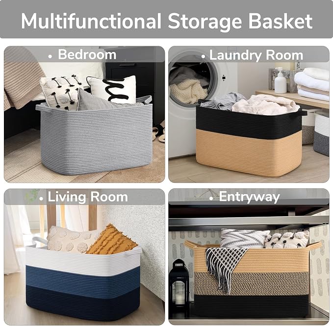 Goodpick 85L Large Woven Blanket Basket 23.6" x 15.7" x 13.8" Cotton Rope Storage Organizer for Dirty Clothes Pillows, Rectangle Toy Storage Basket for Nursery Bedroom, Gray
