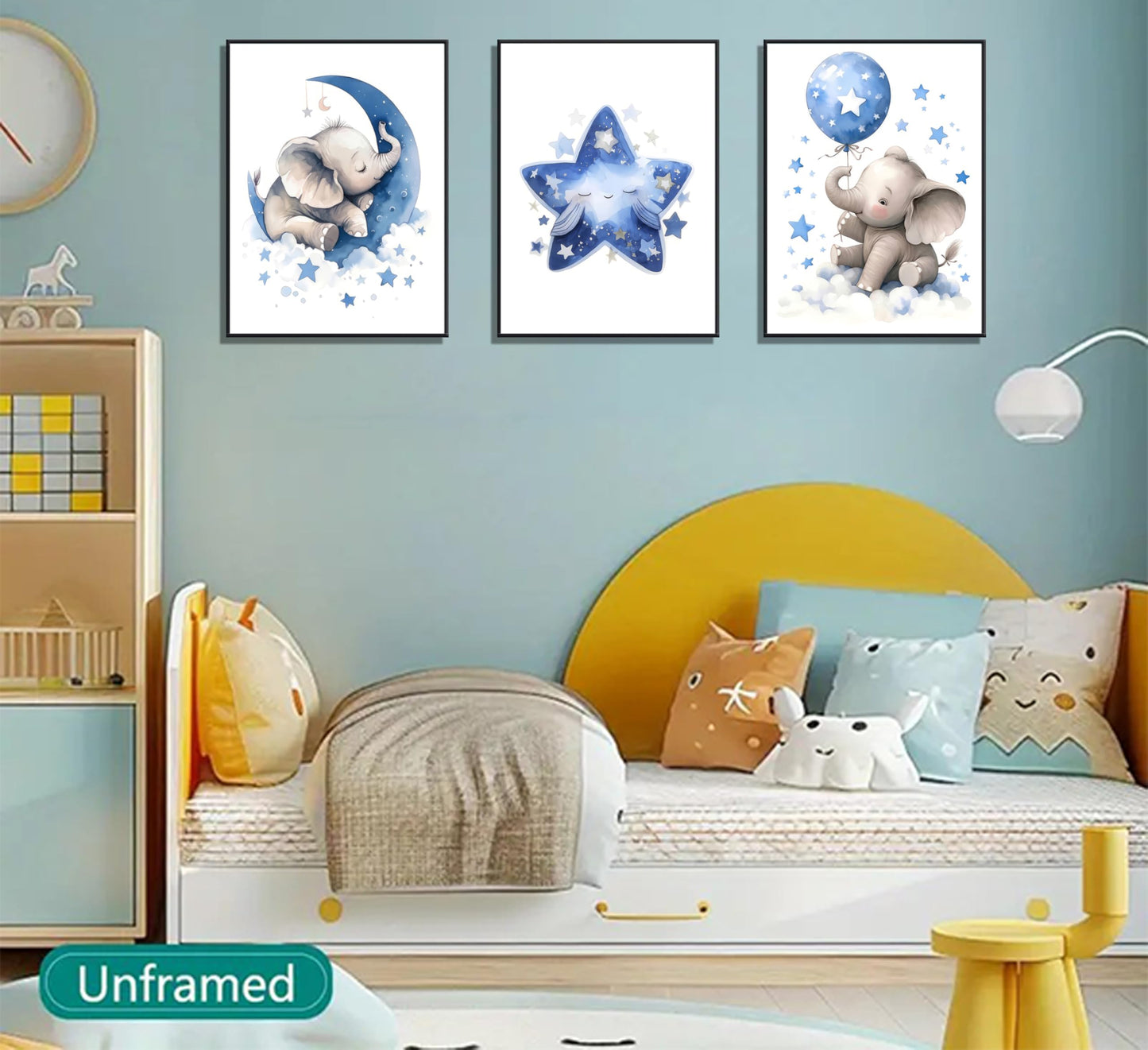 3Pcs Blue Nursery Elephant Canvas Wall Art Baby Boy Wall Decor Cute Animal Painting Pictures Moon And Stars Balloon Poster Prints for Nursery Classroom Kids Room Bedroom Home Decoration 12X16unframed