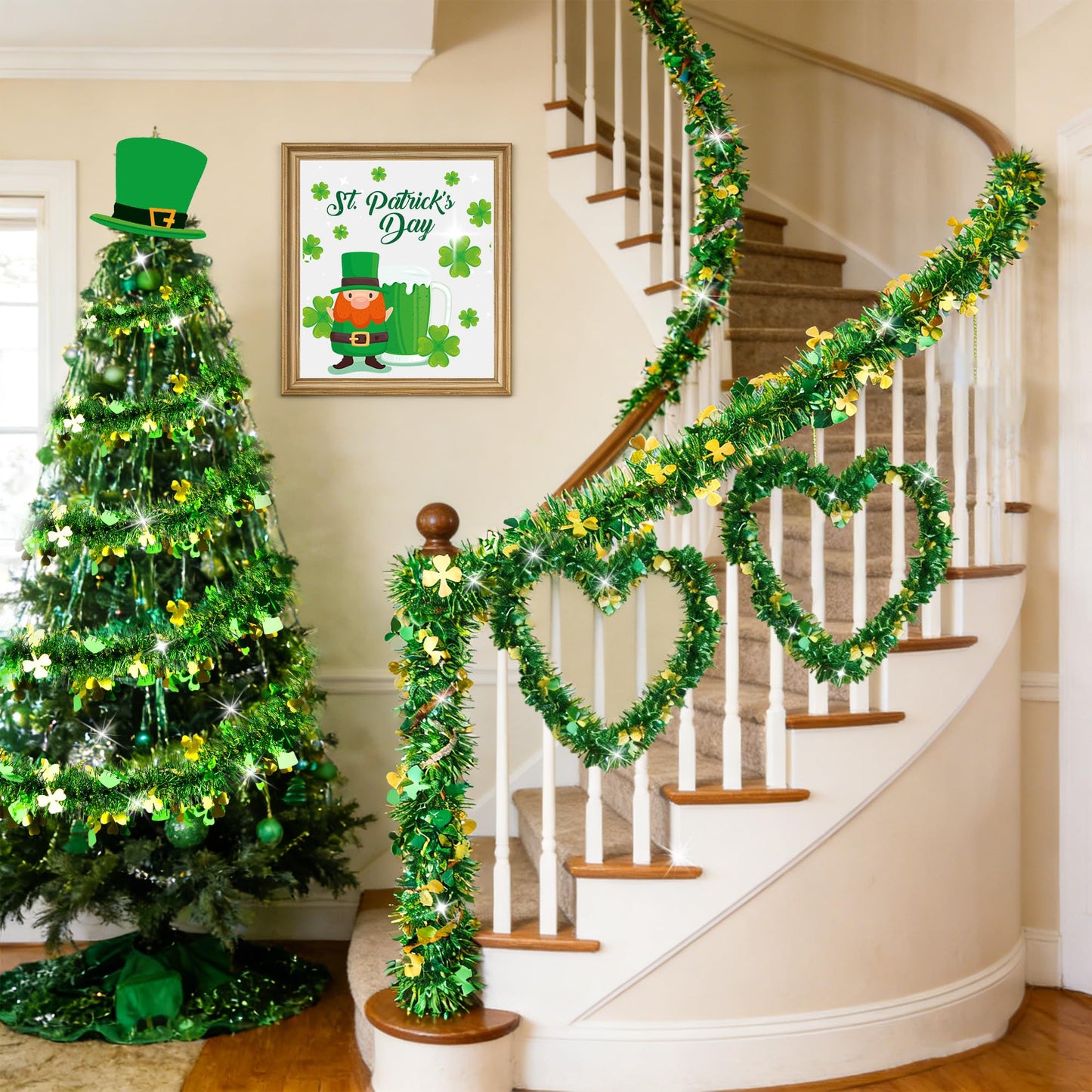 33FT St Patricks Day Decorations Gold Green Shamrock Hat Tinsel Garland, Shiny Metallic Hanging Shamrock Garland Streamer Saint Patricks Day Decor for St Patrick's Day Home Indoor Outdoor Irish Party