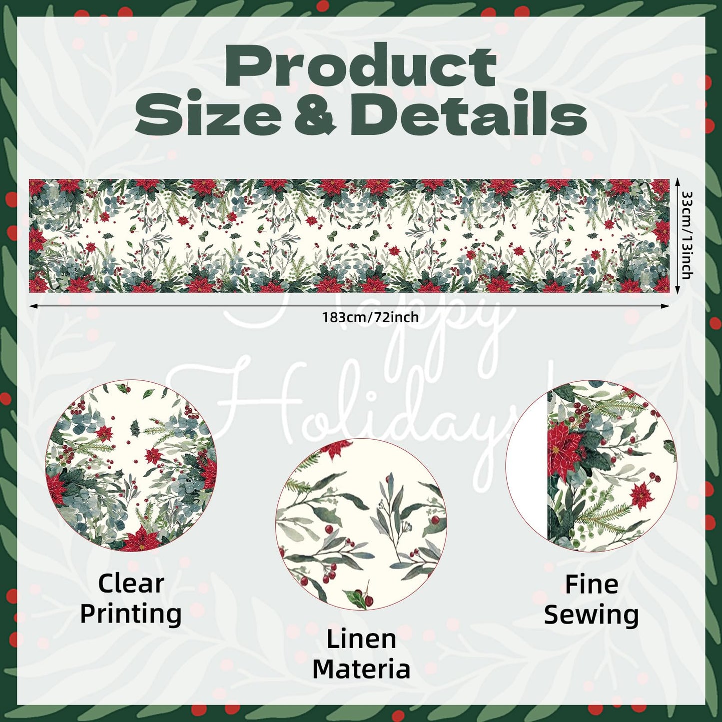 72 x 13 Inch Christmas Table Runner – Red Poinsettia and Greenery Holiday Table Decoration with Winter Berries for Dining Room, Kitchen, and Festive Christmas Parties