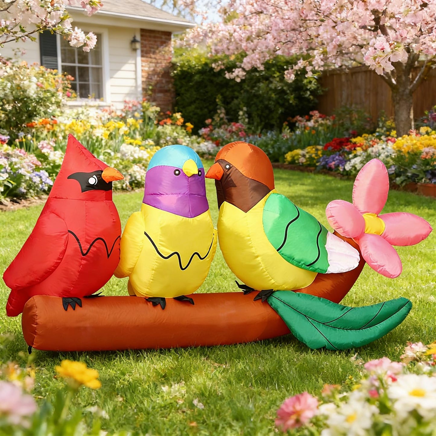 DomKom 8FT Long Inflatables Bird Gifts with Flower Outdoor Decoration, Blow Up Decoration, Built-in LED Lights Decor, Garden, Lawn, Yard, Patio,