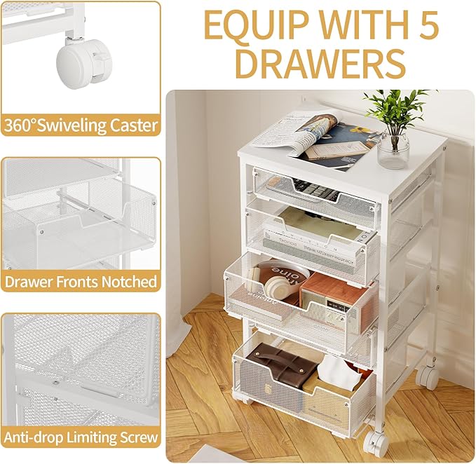 Sbanmao 5 Drawers Rolling Utility Cart, Storage Drawer Cart with Wooden Top, Rolling Storage Cart on Lockable Wheels, Metal Utility Cart & Craft Storage Cart for Bedroom, Classroom, Office, White