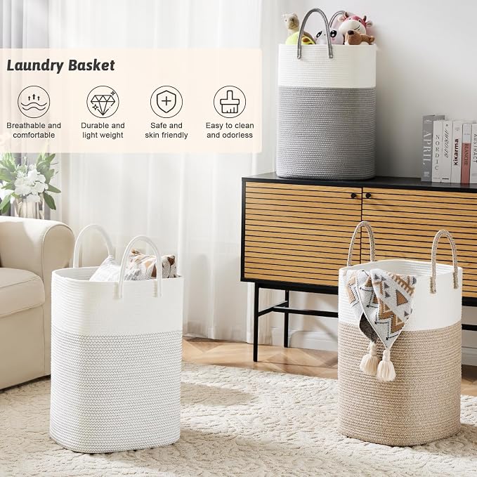Laundry Basket,Woven Cotton Rope Laundry Hamper,Versatile Storage for Dirty Clothes,Baby Toys,and Blankets in Bathroom, Nursery,and Living Room (White, 100L)