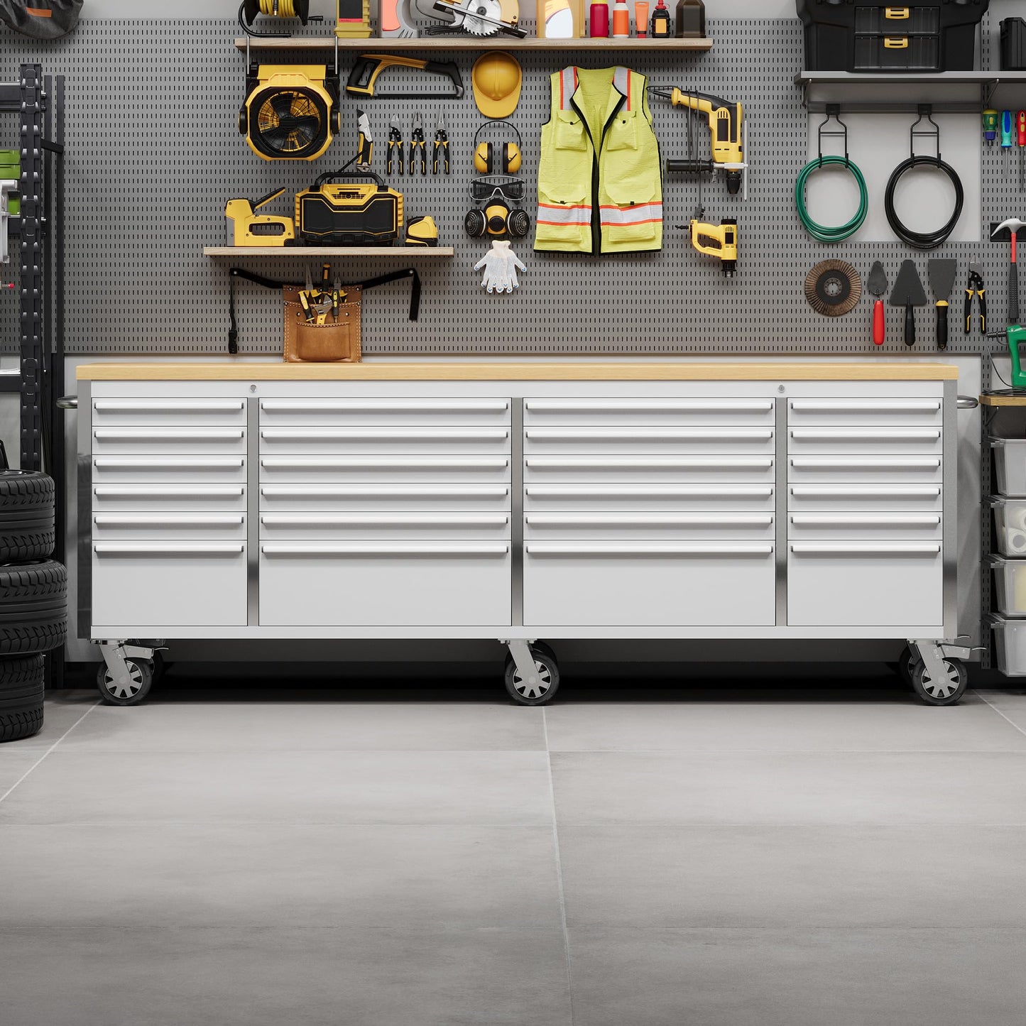 GarveeLife 96-Inch Rolling Tool Chest with 24 Drawers Garage Workbench, Solid Rubberwood Top, Storage Cabinet with Wheel Lock and Key Lock for Workshop, Garage, Kitchen and Home