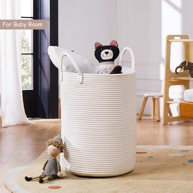 80L Extra Large White Hamper Tall Woven Laundry Basket Cotton Rope Blanket Basket for Living Room Clothes Hamper in Bedroom 16"L x 16"W x 22"H