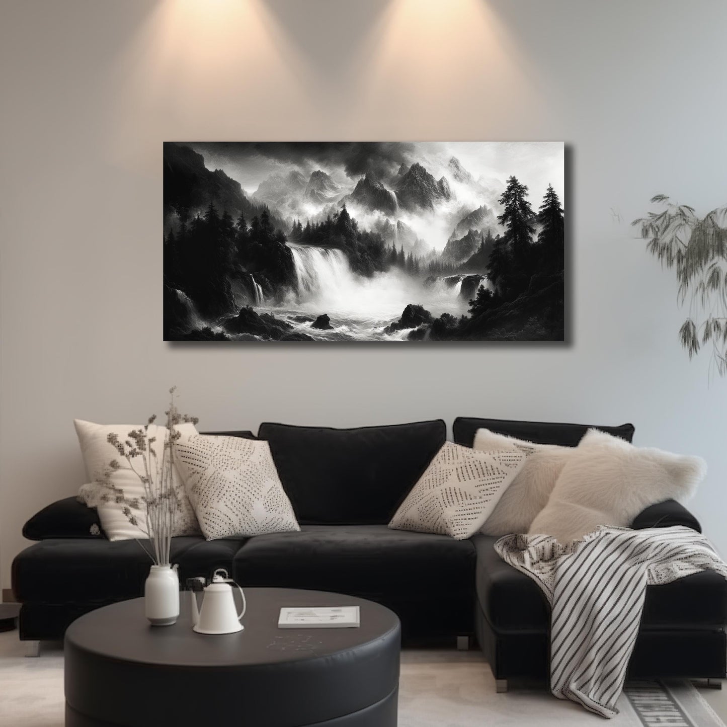 CPKATMT Waterfall Wall Art for Bedroom Black and White Tree Wall Decor for Office Natural Landscape Wall Pictures for Living Room 24 x 48 Inch