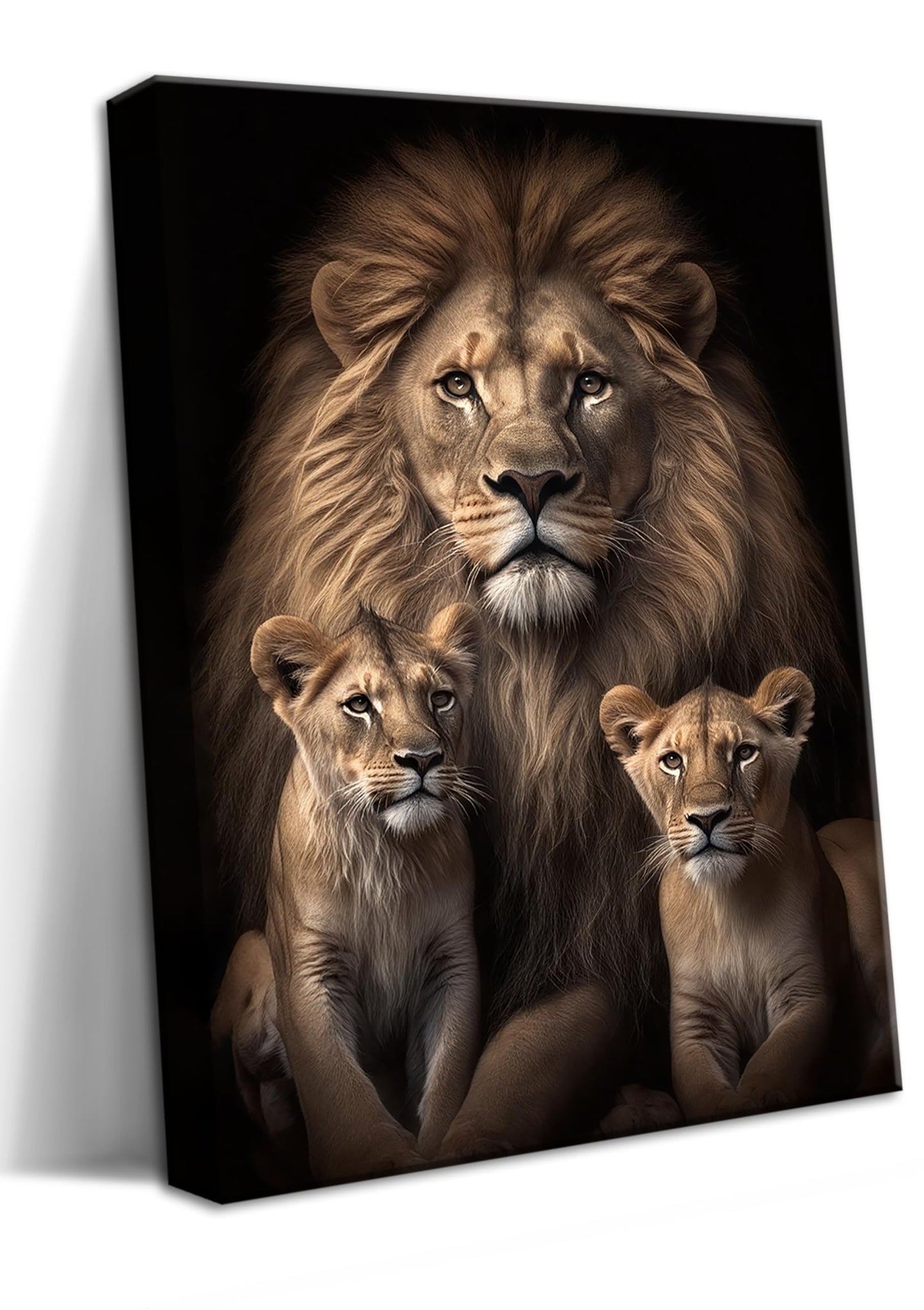 Eysintum Framed Lion Wall Art Lion Family with Cubs Canvas Print Wildlife Animal Painting for Living Room Bedroom Office Home Decor Ready to Hang 12x16in