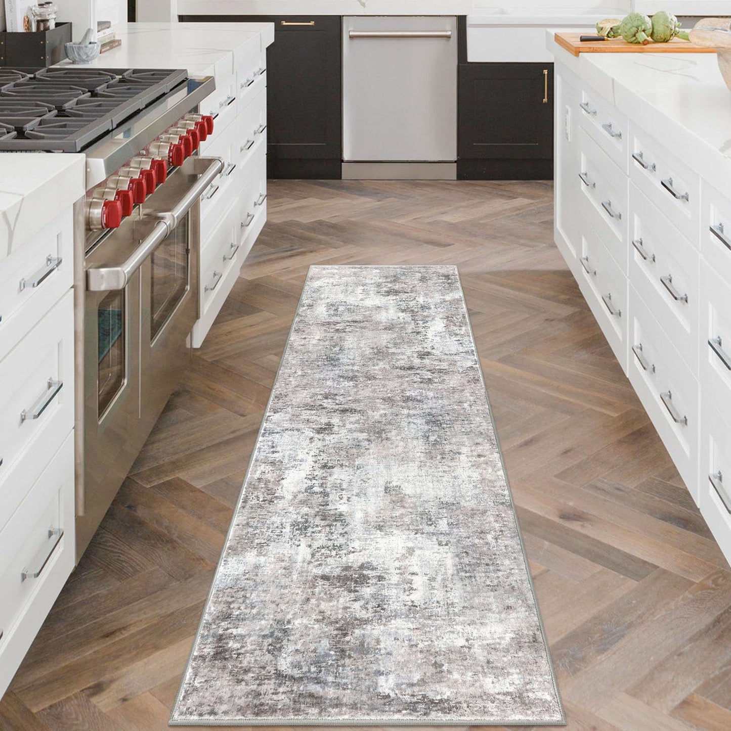 Lansny Abstract Runner Rug 2x6 Washable Runners for Hallways, Soft Kitchen Runner Rug Non-Slip, Beige Grey Thin Print Faux Wool Floor Carpet Rug Runner for Entryway Hall Bedroom Laundry Room Indoor