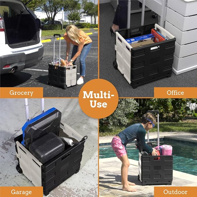 Inspired Living Ultra-Slim Rolling Collapsible Storage Pack-N-Roll Utility-carts, with Telescopic Handle, for Home, Garden, Shopping, Office, School use, Medium, White & Black