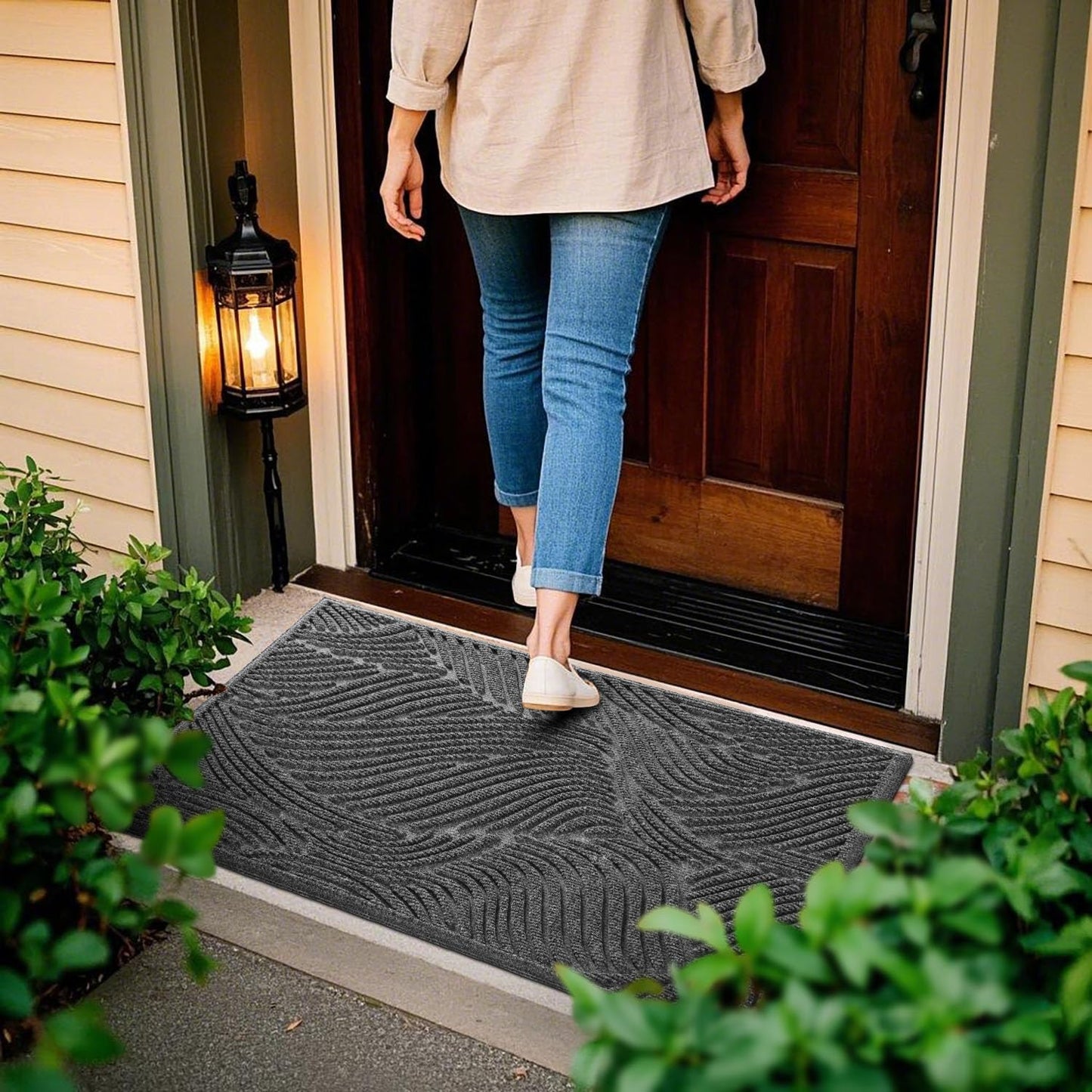 Yimobra Doormat Outdoor Entrance, Simple Stripes All-Weather Waterproof & Non-Slip Mat for Front Door, Heavy Duty Welcome Mat for Indoor, Garage, Patio-29.5x17, Dark Grey