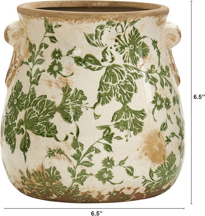 Nearly Natural 6.5in Ceramic Decorative Vase Tuscan Style Green Floral Scroll Design for Indoor Home Decor Centerpieces Tables Small Flower Vases