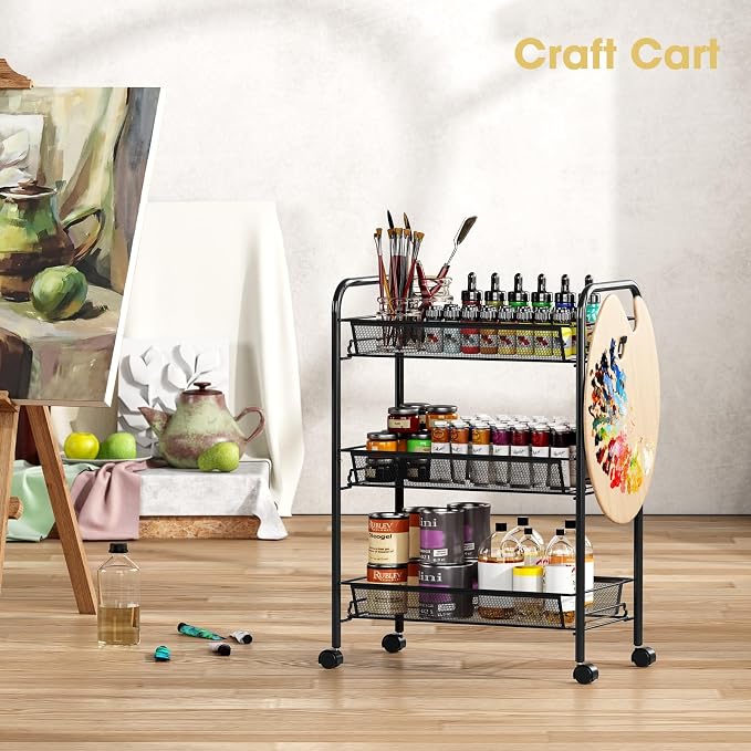 TOOLF 3-Tier Metal Rolling Cart, Mesh Wire Easy Assemble Utility Cart, Storage Trolley on Wheels with 3 Hooks, MetalStorage Shelving Units for Kitchen Bathroom Laundry Room