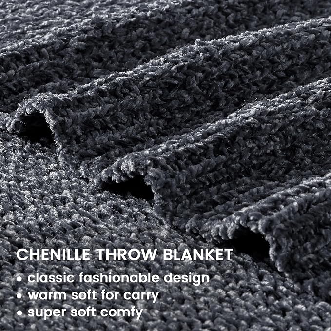 BOURINA Chenille Throw Blanket for Couch Sofa Chair Bed Home Decoration, Soft Warm Cozy Blanket for All Season（50" x 60", Grey）