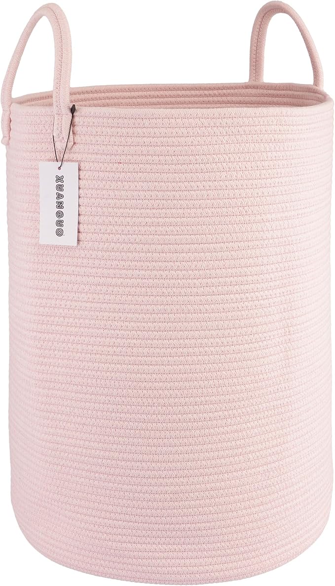 XUANGUO Cotton Rope Laundry Basket Hamper for Clothes Woven Storage Basket for Living Room Bedroom Boho Tall Rope Baskets for Blanket Toys Pillow Towels Baby Nursery Hamper Bin Large light pink