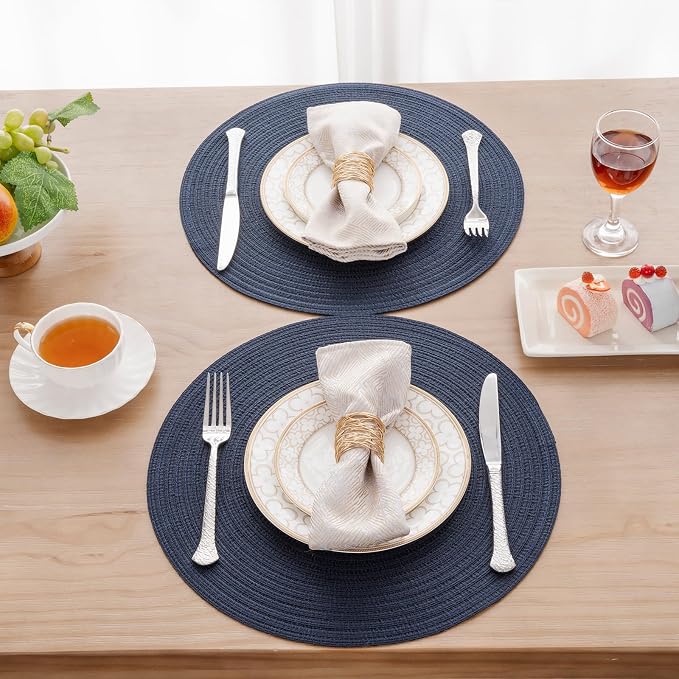 SHACOS Round Placemats Set of 6 Washable 15 inch Circle Polyester Woven Braided Place Mats for Dining Table Indoor Outdoor Table Mats Home Party Wedding Decor (Navy, 6)