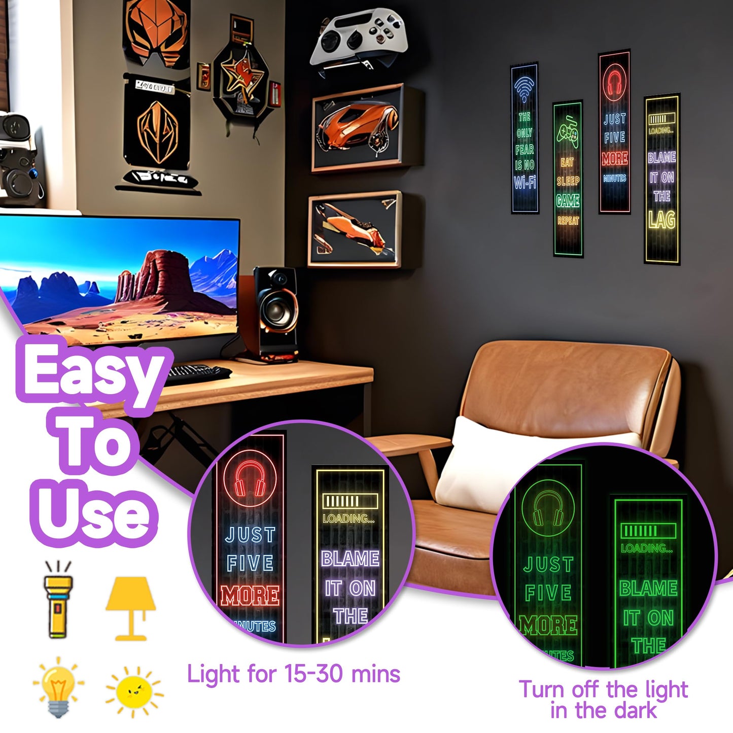 Eat Sleep Game Wall Decals Glow in The Dark, Gamer Controller Stickers Decor for Boy Bedroom, Joystick Video Gaming Kids Playroom Nursery Decoration (Green)