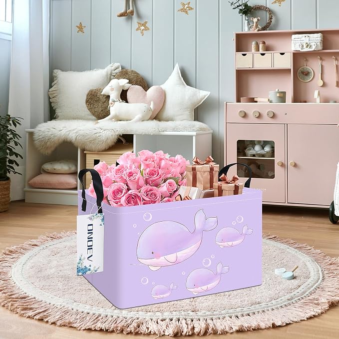 Rectangular Purple Whale Pattern Storage Bin, Decorative Canvas Laundry Basket with Dual Handles, Foldable Household Toy Organizer, Multipurpose Party Gift Basket for Bedroom Dorm