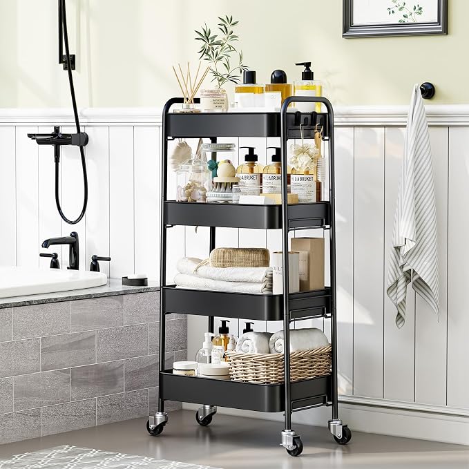 TOOLF 4-Tier Rolling Cart - Metal Storage Organizer with Lockable Wheels, 44 lbs Per Shelf Capacity, Tool-Free Assembly, for Kitchen Bathroom Office Laundry Room Nursery, Black