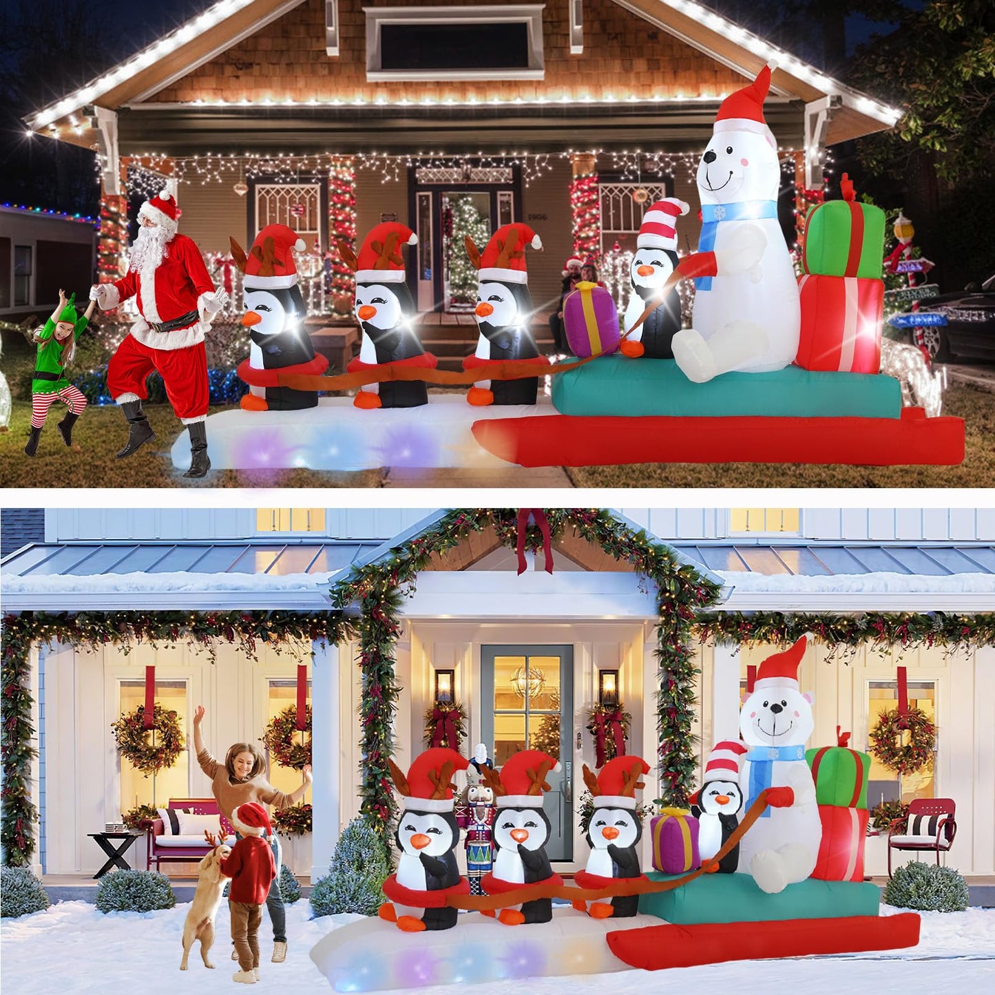 HZGDEJTG 10FT Penguin Pulling a Polar Bear On a Sleigh Christmas Outdoor Inflatable Decoration, Built-in LED Lights and Flashing Lights, Suitable for Christmas Lawns, Gardens, and Courtyards