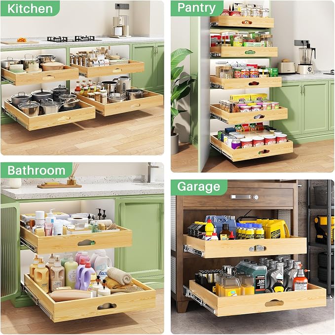 2Pack Pull Out Cabinet Organizer, Soft Close Wooden Slide Out Drawers for Pots, Full-extension Roll Out Shelves for Kitchen Cabinets, Pantry Organization, Bottom and Side Mount(21"W X 21"D x 3.4''H)