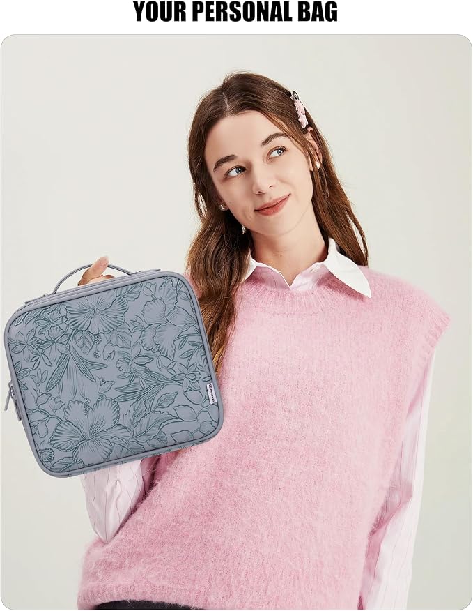 Relavel Travel Makeup Bag With LED Mirror for Women, Cosmetic Organizer Bag with Adjustable Brightness in 3 Color Scenarios, Detachable Dividers, Waterproof Train Case for Daily - Dark Blue FLower