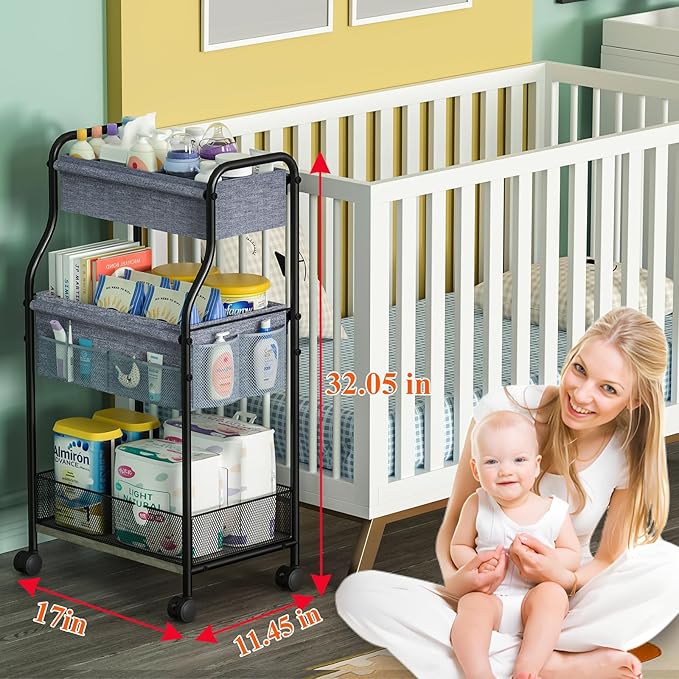 3-Tier Baby Diaper Caddy Organizer and Storage Cart, Mobile Metal Utility Cart with Rolling Wheels for Nursery Essentials with 4+2 Dividers, Large Capacity Rolling Cart For Bedroom, Bathroom, Nursery
