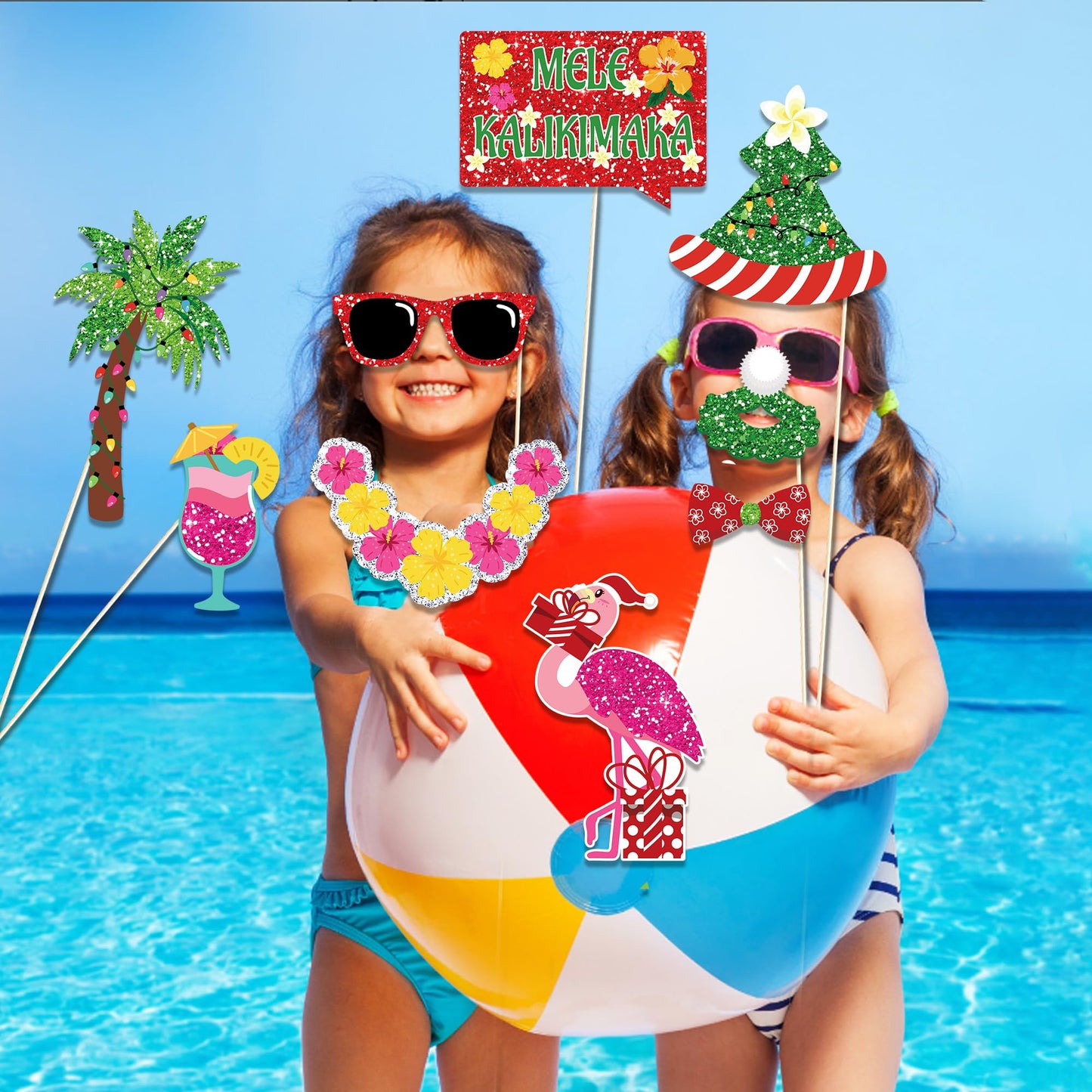 25-Piece Funny Tropical Christmas Photo Booth Props Kit - Beach Santa Holiday Party Supplies for Adults, Hawaiian Luau, Holiday Beach Party Decorations with Sticks & Stickers