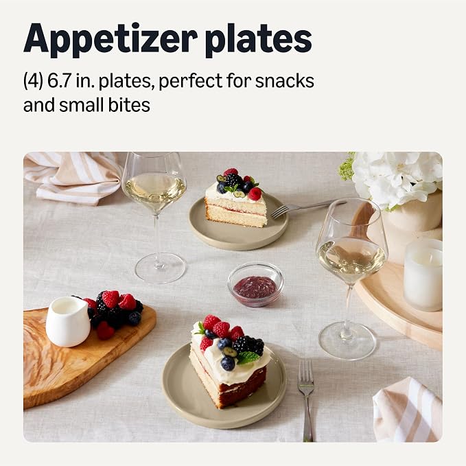 Amazon Basics Glazed Stoneware Appetizer Plates, Ceramic 4-Piece Set, Microwave, Dishwasher and Freezer-Safe, Stain-Resistant, 6.7 in., Linen Gray