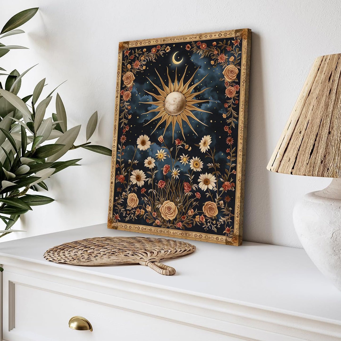 Dark Sun and Moon Celestial Wall Art Spiritual Gothic Tarot Wall Decor Painting Witchy Astrology Mystical Poster Canvas Prints Artwork for Bedroom Living Room 12x16 inch Framed