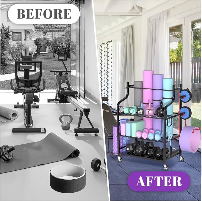 Mythinglogic Yoga Mat Storage Racks,Home Gym Storage Rack for Dumbbells Kettlebells Foam Roller, Yoga Strap and Resistance Bands, Workout Equipment Storage Organizer With Hooks and Wheels
