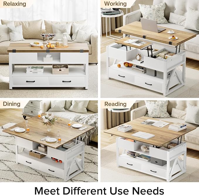Memobarco 40" Lift Top Coffee Table,4 in 1 Multi-Function Lift Coffee Tables with Storage Drawers and Hidden Compartmen,Farmhouse Coffee Table with Lifting top for Living Room, White+Brown