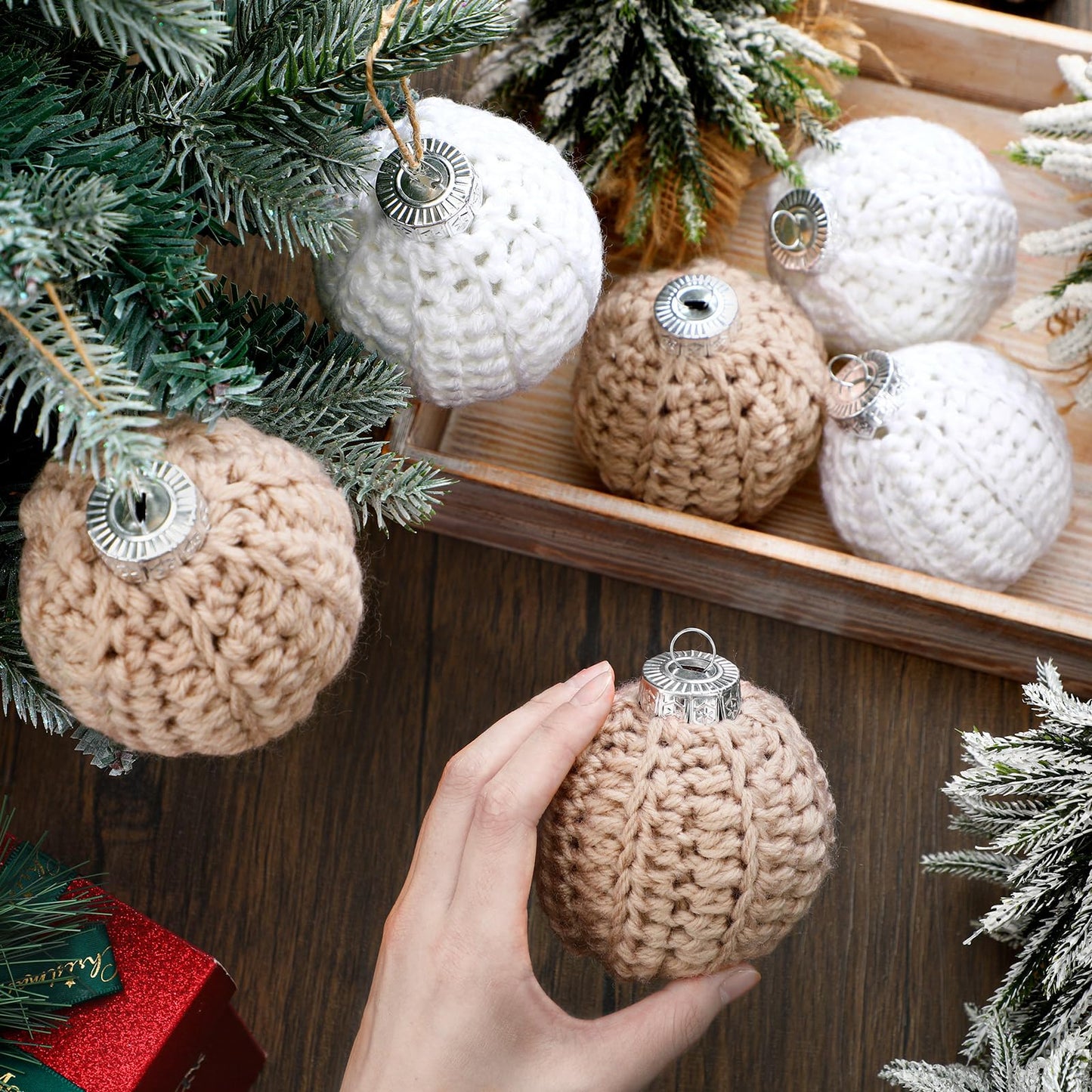 Vercraft 6 Pcs 2.75 Inch Crochet Christmas Ornaments Balls Christmas Knitted Ornaments Neutral Hanging Decoration Handmade Crochet Decoration for Xmas Tree Rustic Neutral Xmas Decor(Beige)