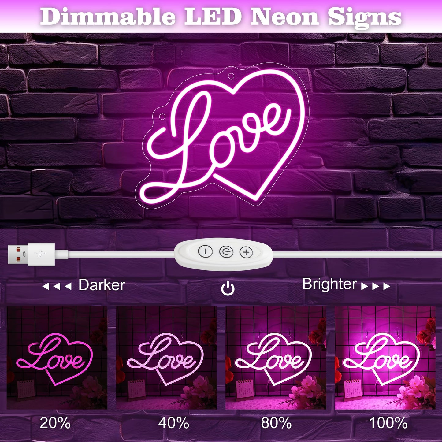 Anywin Love Heart Neon Signs for Wall Decor, Pink Gifts for Women Neon Light with Dimmable for Room Decor, Mother Day Father Day Engagement Wedding Anniversary Birthday Lovers Gift
