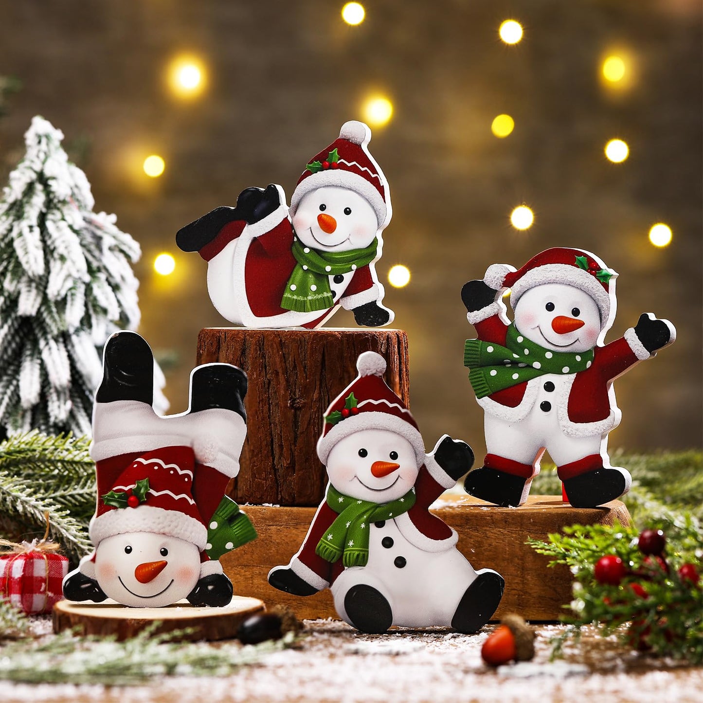 DoubleFill 4 Pcs Christmas Snowman Figurines Table Top Set Sitting Laying Standing Tabletop Decoration Wooden Snowman Statue Decor for Winter Holiday Mantle Desk Shelf Party Decoration