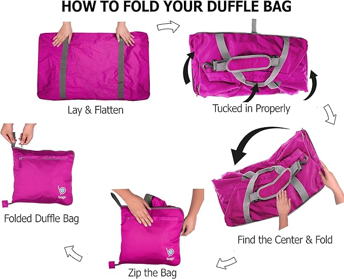 Bago Big XXL Foldable Duffel Bags for Traveling Women & Men - 140L Packable Duffle Bag for Travel with Shoe Compartment - Water Repellant, Heavy Duty, Lightweight Folding & Collapsible (Pink)