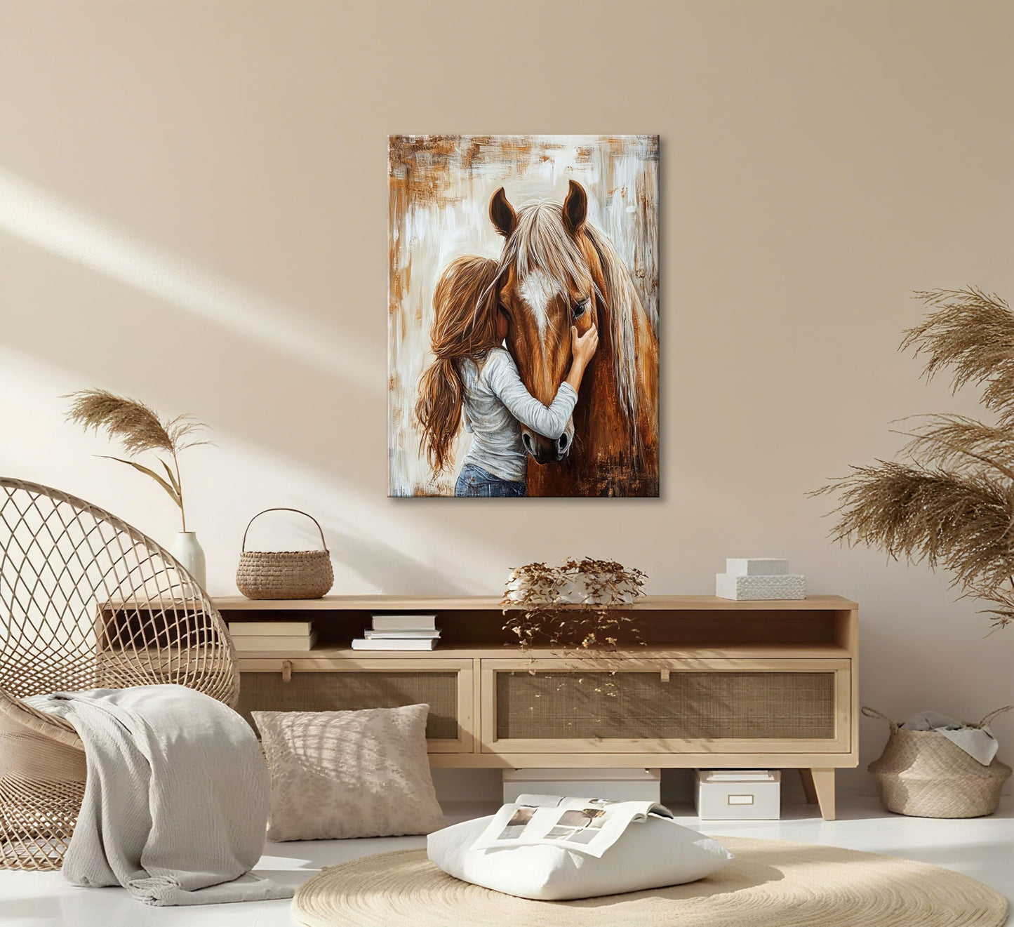 little Girl and Horse Canvas Wall Art Retro Warm Earth Tones Wall Decor Picture Little Girl Hugging Chestnut Horse Poster Print for living Room Bedroom Study Artwork Home Decoration 12x16in