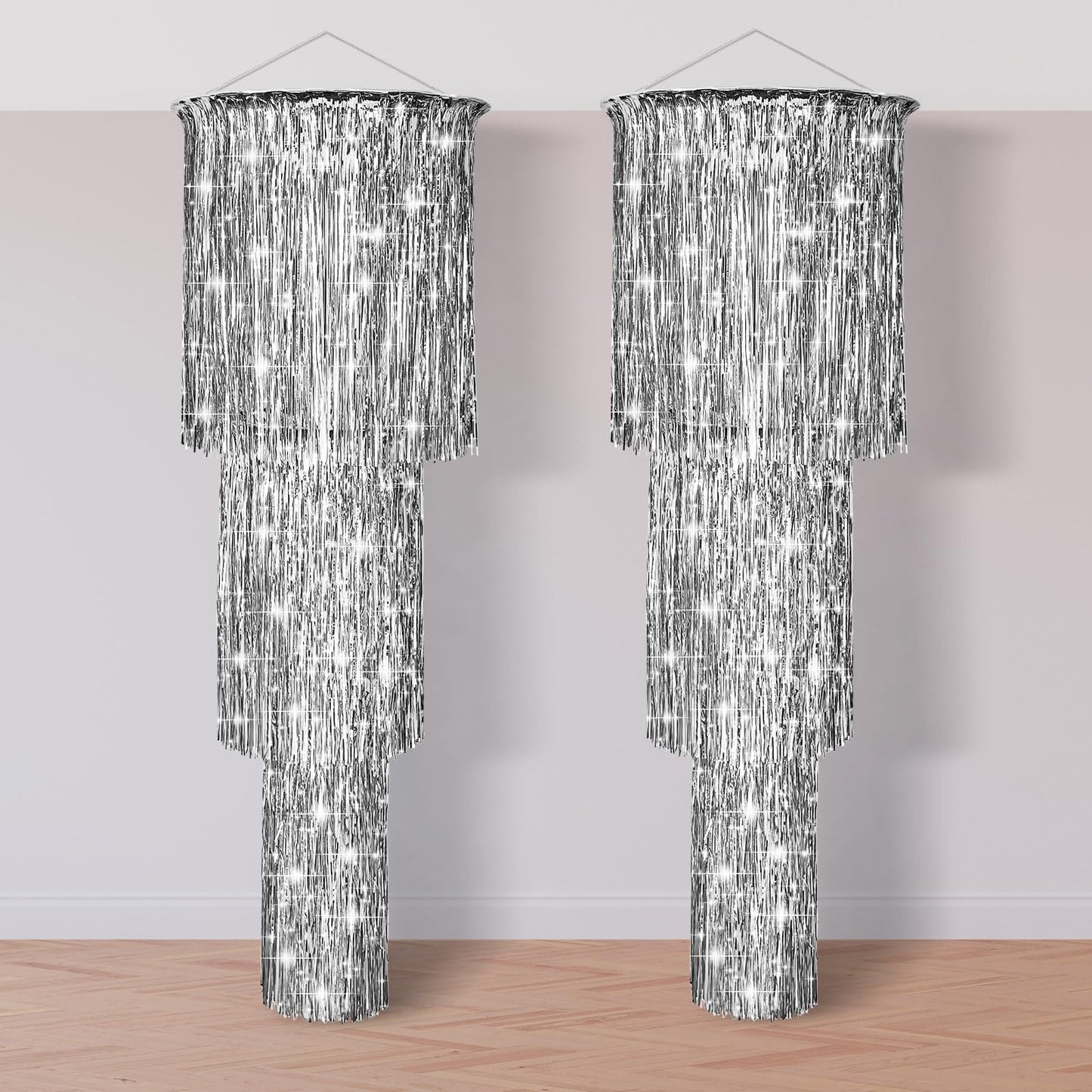 2 Pcs 3 Tier Metallic Tinsel Chandelier Shimmering Fringe Chandelier Decor Hanging Decoration Photo Booth Backdrop for Birthday Anniversary Wedding Party Supplies, 4 Ft(Silver)