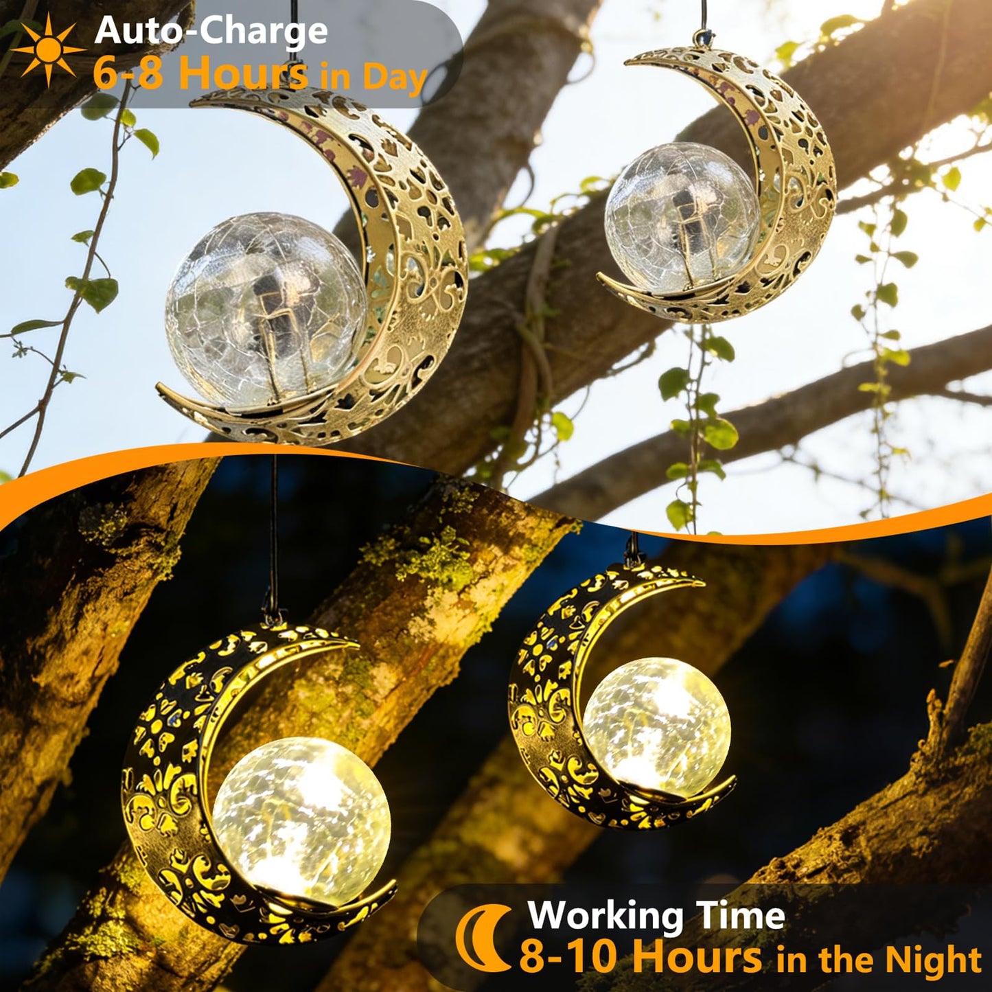 Amugmilk Solar Lanterns Outdoor Garden Decorations, 4 Pack Hanging Solar Moon Lights with Cracked Glass Globes Decor for Backyard Balcony Patio Fence Tree ,Unique Mother's Day Gifts for Women Mom