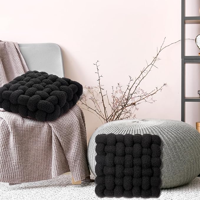 Wenqik 2 Pcs Knot Pillows Square Knotted Plush Throws Soft Accent Pillows Decoration Cushion for Couch Home Office Living Room Bedroom Bed Sofa Decor, 12'' x 13''(Black,Lambswool)