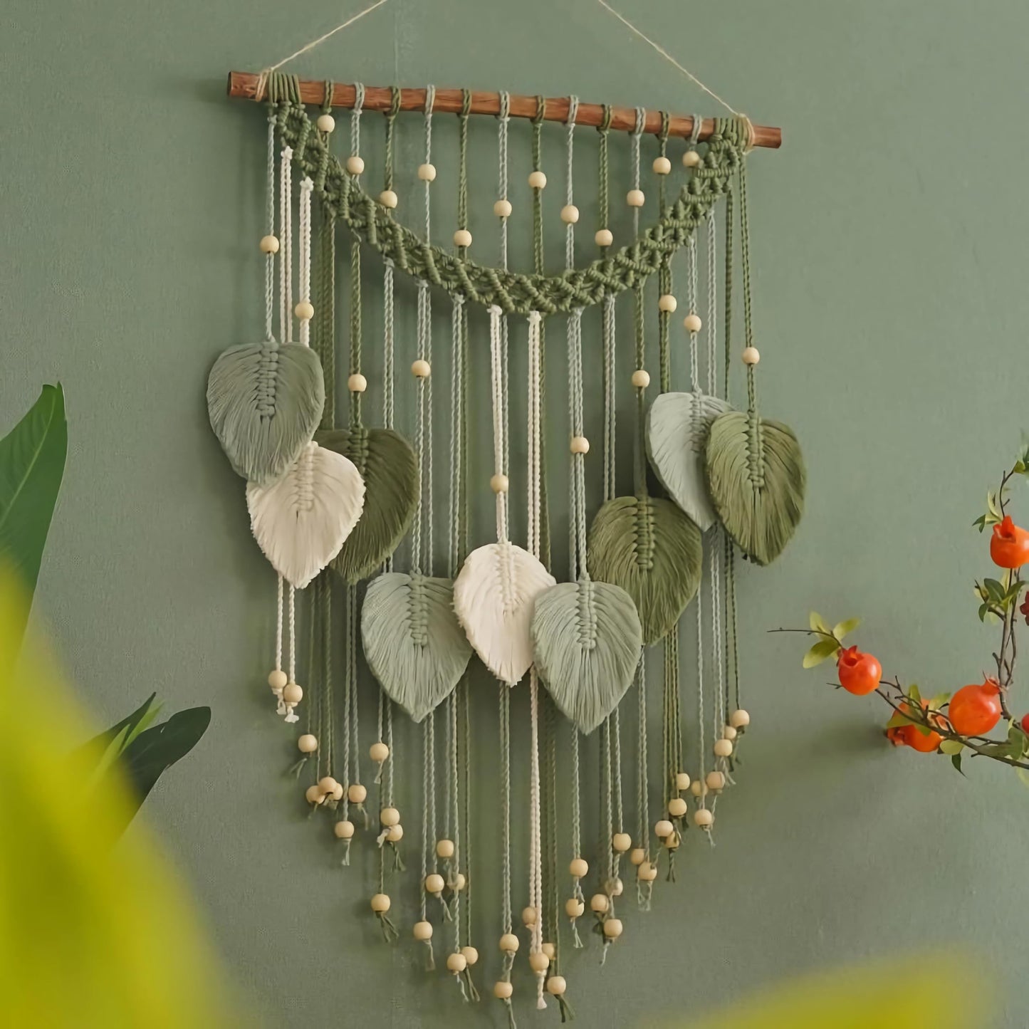 Ni-JASW Green Macrame Wall Hanging Decor, Boho Woven Leaf Feather Tapestries with Beads Tassels 15.7"x 37.8"