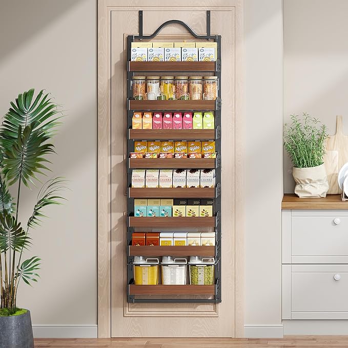 8-Tier Pantry Door Organizer, Over the Door Pantry Organizer with Wooden Adjustable Baskets, 2 IN 1 Spice Rack Wall Mount or Door Organizer, Door Spice Rack for Pantry（72.6×17.1×5.1in,Black)