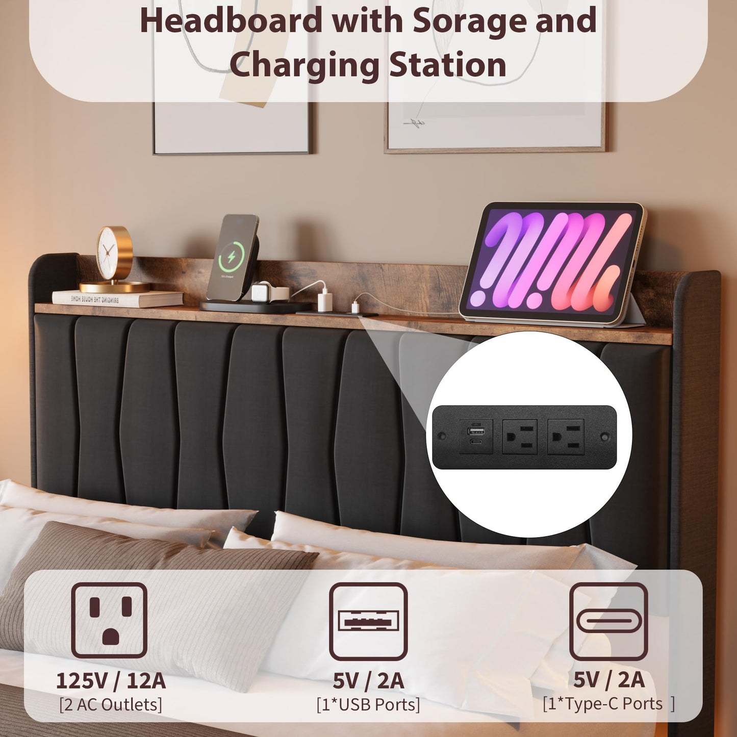GarveeHome Floating Bed Frame King with LED Lights & USB Charging Station – Modern Upholstered Platform Bed with Headboard, Solid Wood Slats Support, No Box Spring, Easy Assembly, Noise-Free, Black