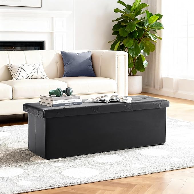 DUMOS 43 Inches Foldable Storage Ottoman Bench, Foot Rest Stool, Synthetic Leather Storage Chest with Thicker Foam Padded Seat for Entryway Living Room, Modern Black