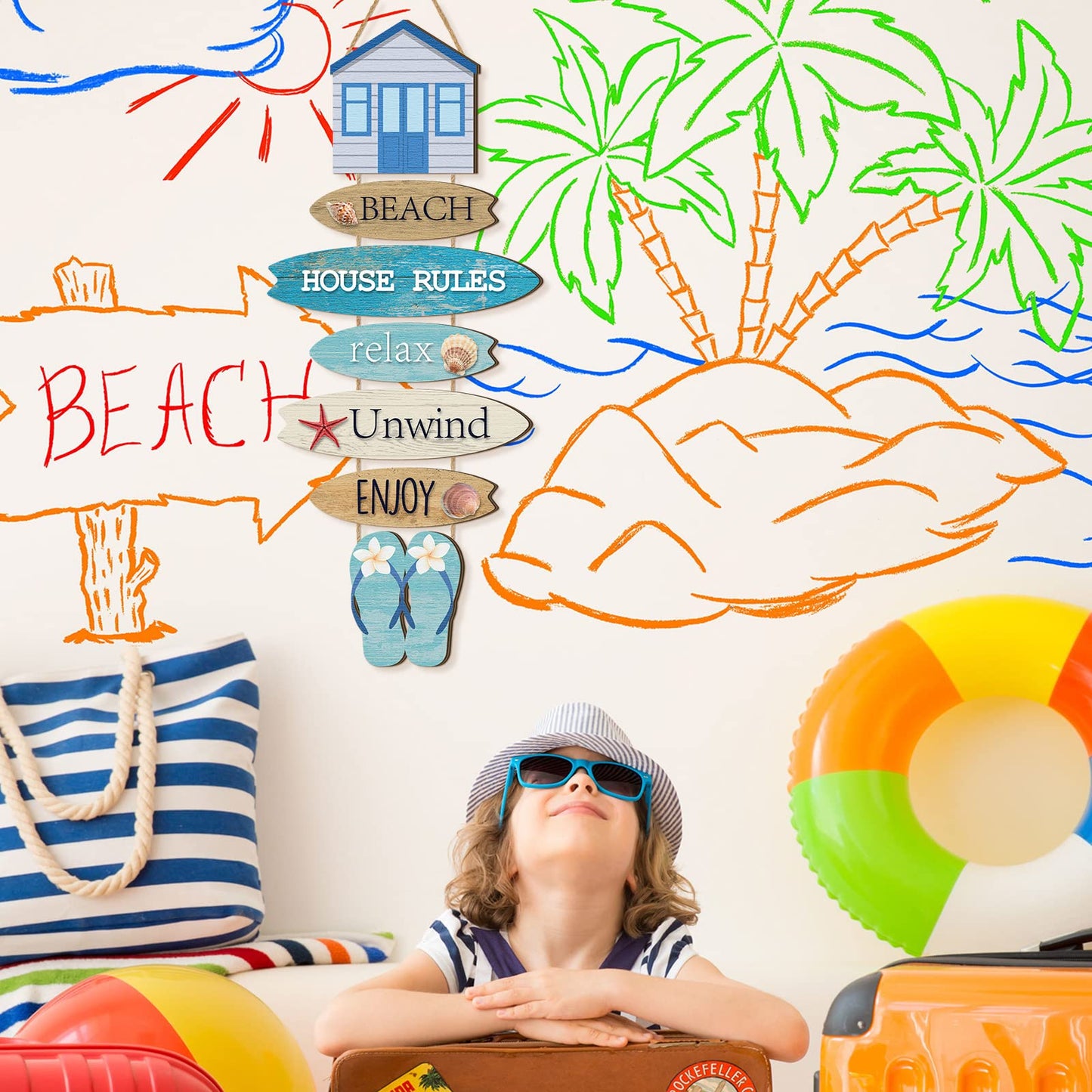 Kigley Beach Theme Wooden Wall Decor Summer Coastal Ocean Hanging Decor for Living Room, Bedroom, Bathroom Flip Flop Wood Sign with Starfish, Seashell, Coastal Wall Art for Home Office 25.2 x 9.4 Inch