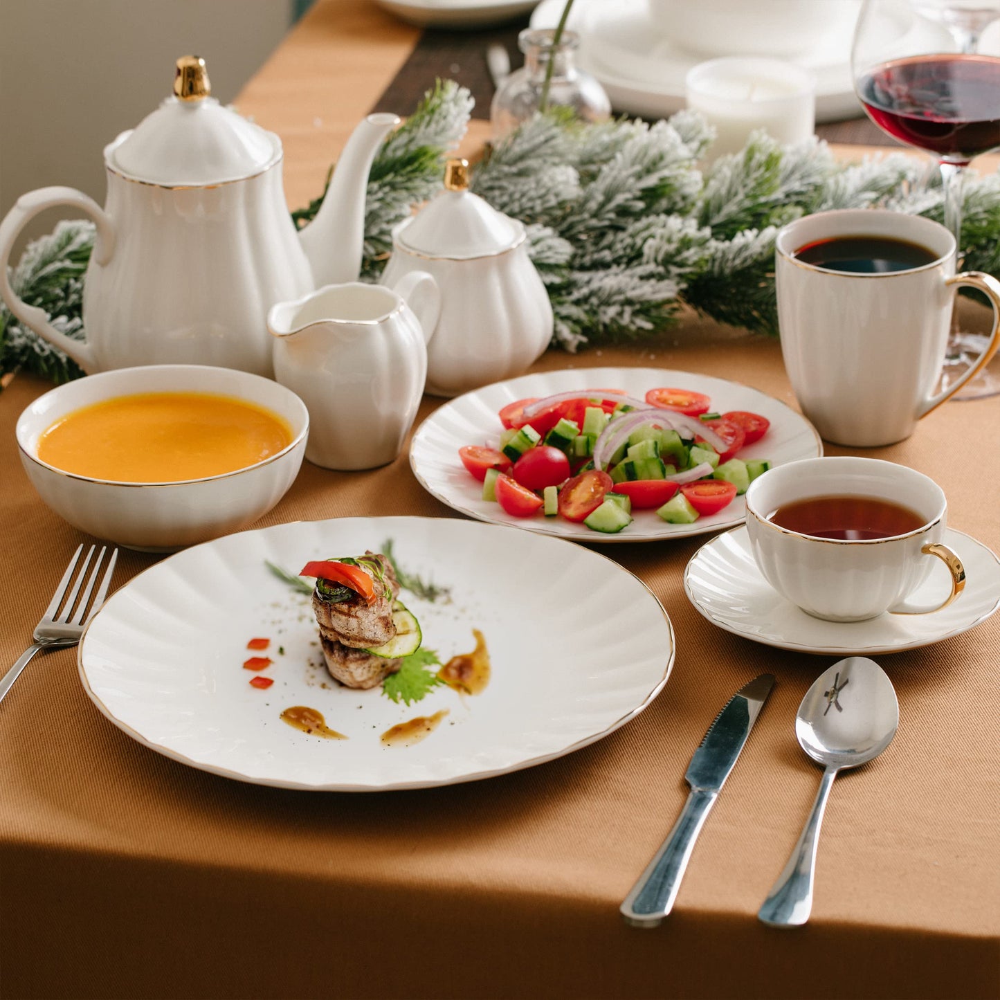BTaT- Porcelain Dinner Plates with Gold Trim,10.5 inch, Set of 6, White Dinner Plates Bulk, White Plate Set
