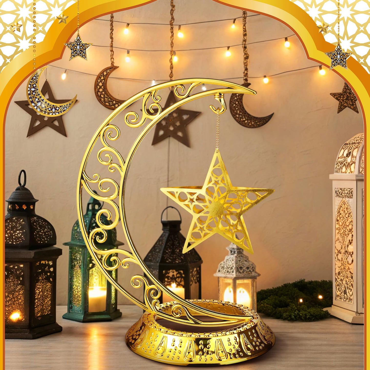 MorningRo Ramadan Decorations Plastic Eid Mubarak Table Decoration Moon Hollow Star Centerpiece Gold Ramadan Mubarak Ornament Kareem Table Signs for Home Decor Islamic Muslim Gifts