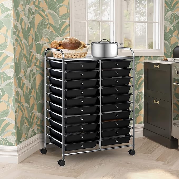 COSTWAY 20-Drawer Rolling Storage Cart, Utility Storage Organizer Cart for Tools, Scrapbook, Paper, Craft, Multipurpose Storage Trolley on Wheels for Home Office School (Black)